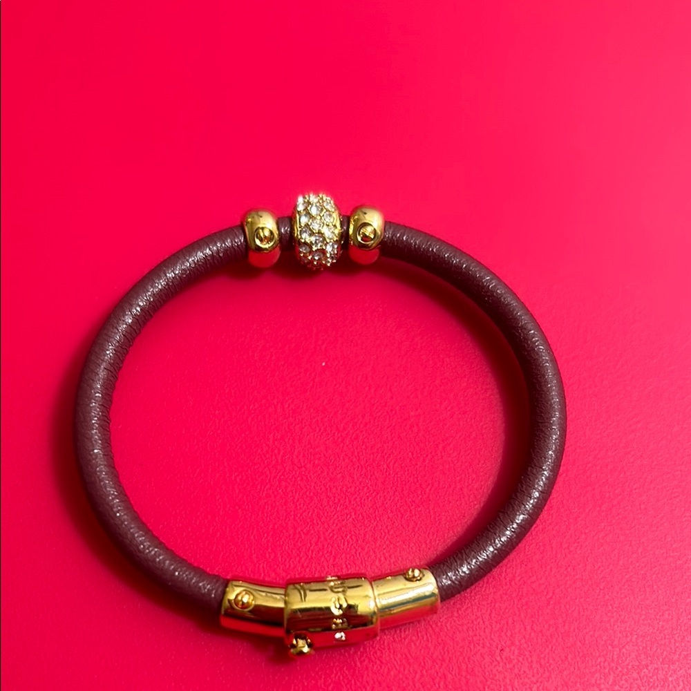 Henri Bendel Brown Leather Bracelet With Gold And Crystal Accent